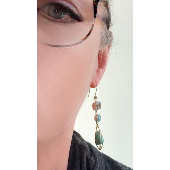 Natural Turquoise Smokey Quartz Dangle Earrings Sterling Silver Brass Cage - Picture 9 of 9